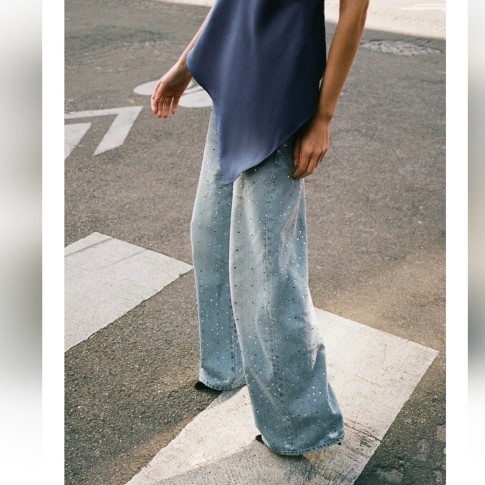 Zara Light Blue wide leg Jeans with Embellishments
